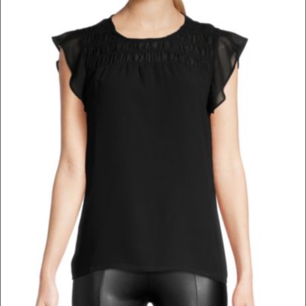 Carmen Marc Valvo Black Flutter Sleeve Blouse with ruching NWOT